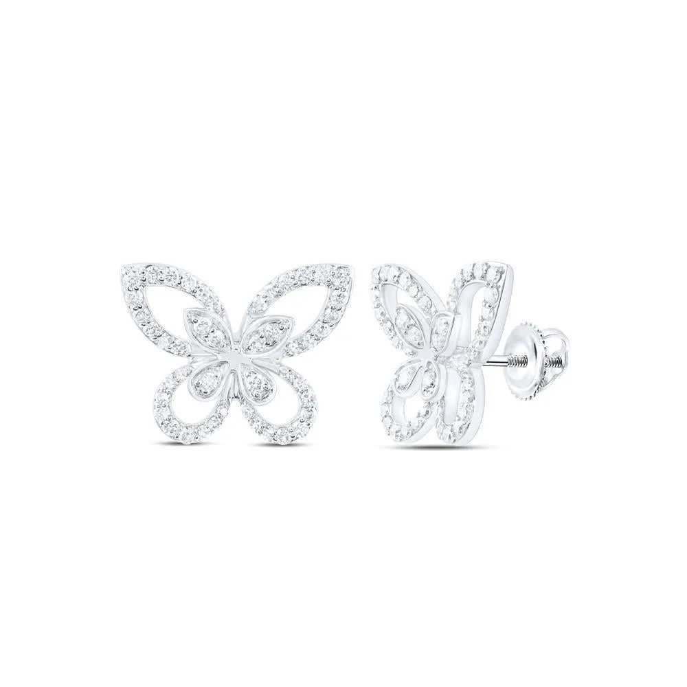 0.50cttw Diamond Butterfly Stud Womens Earrings 10k White Gold Screw Back