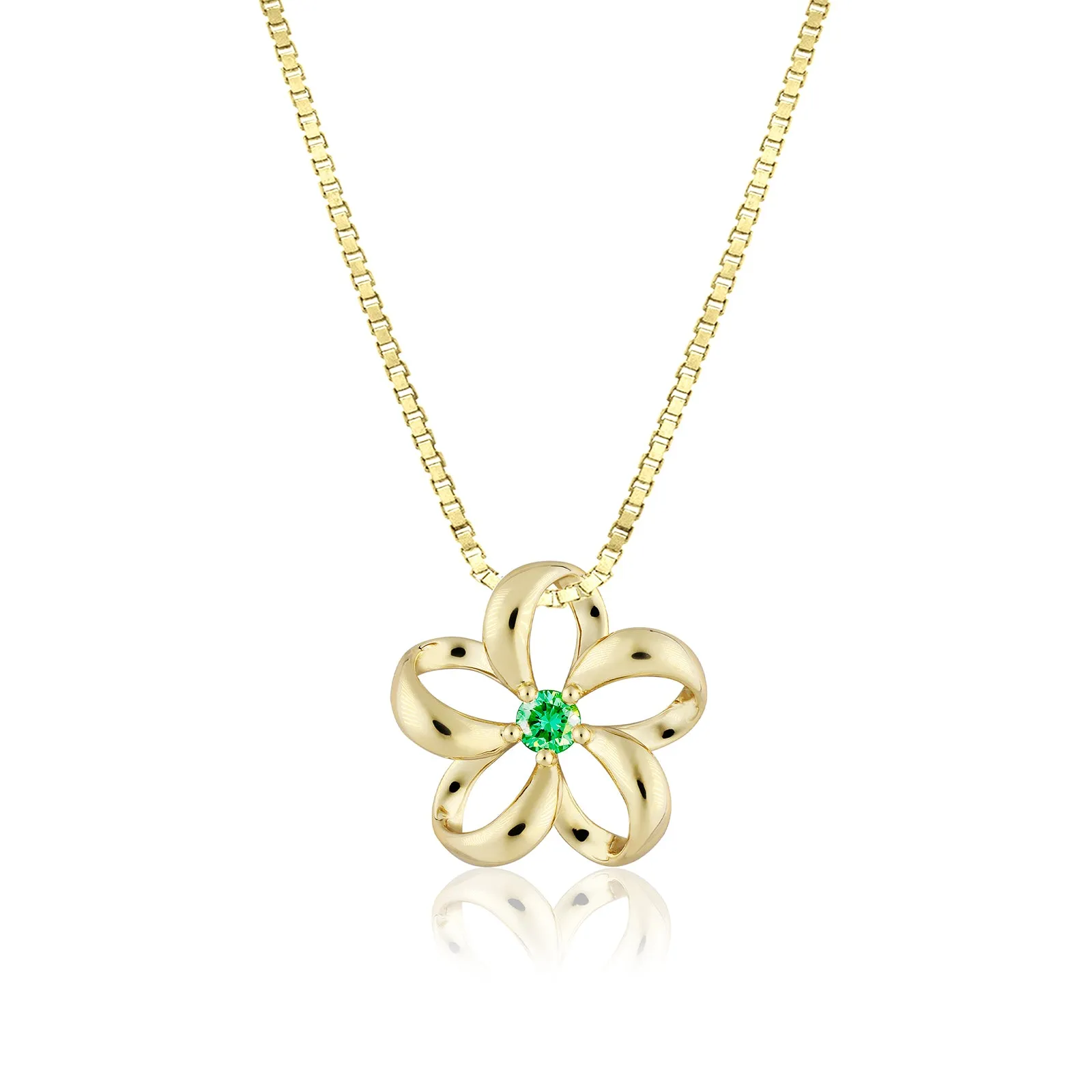 14K Gold Floating Plumeria Green Emerald Pendant