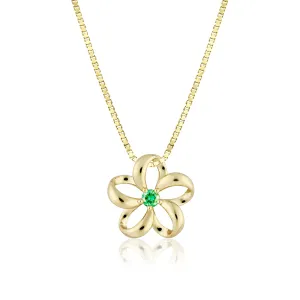 14K Gold Floating Plumeria Green Emerald Pendant