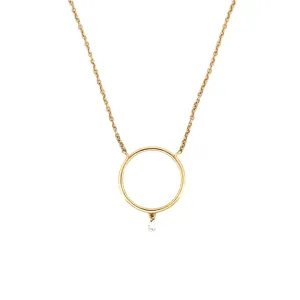 14K Gold Hanging Diamond Hoop Pendant Necklace