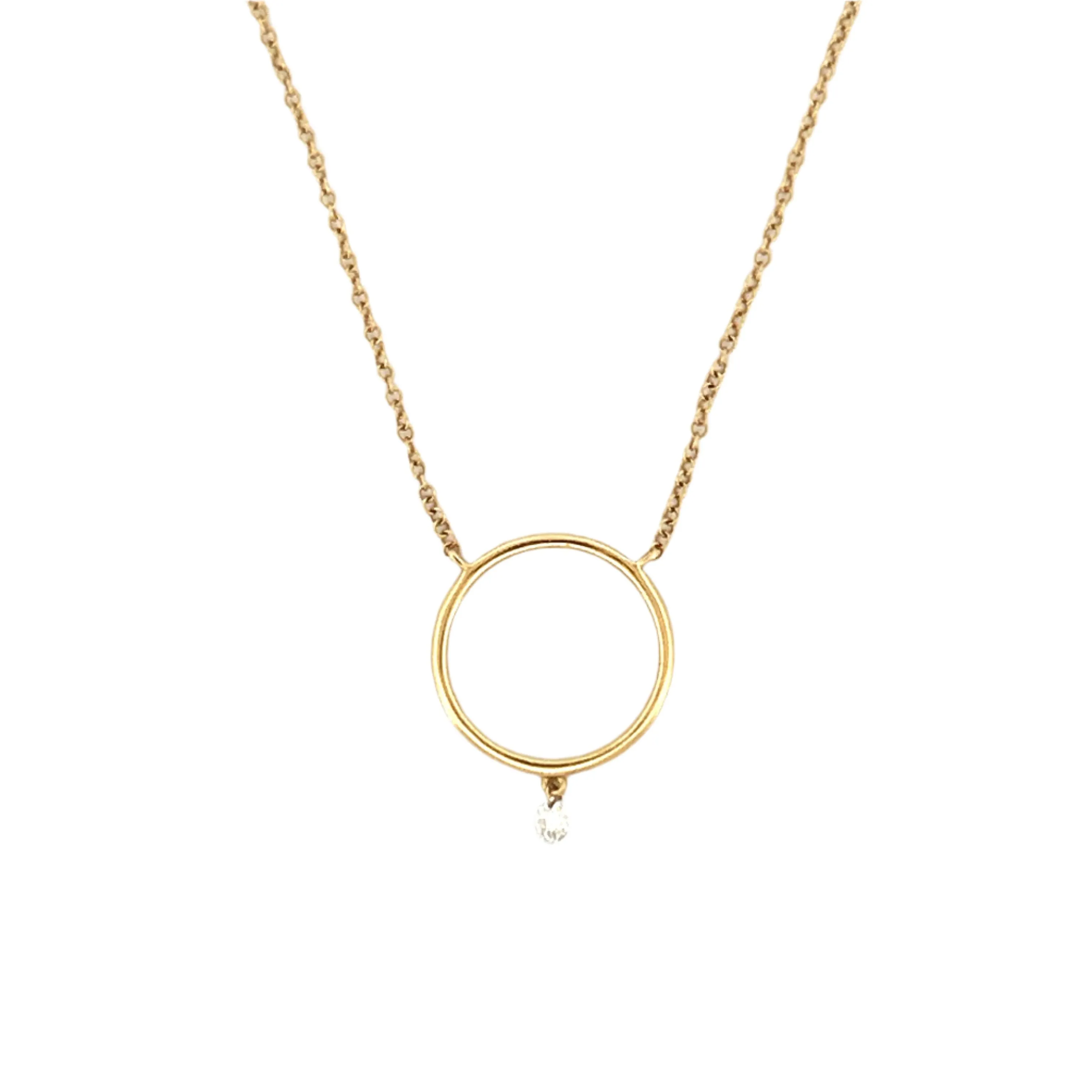 14K Gold Hanging Diamond Hoop Pendant Necklace