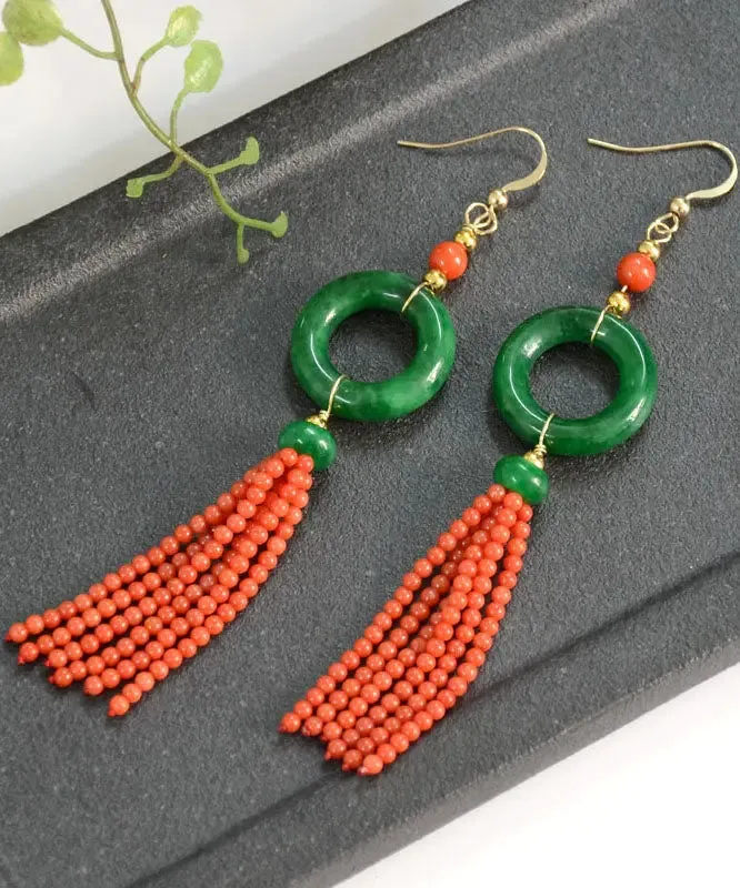 14K Gold Jade Tassel Circle Drop Earrings