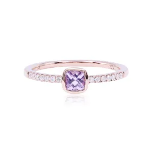 14K ROSE GOLD ANTIQUE CUSHION-CUT LAVENDER AMETHYST RING WITH DIAMONDS