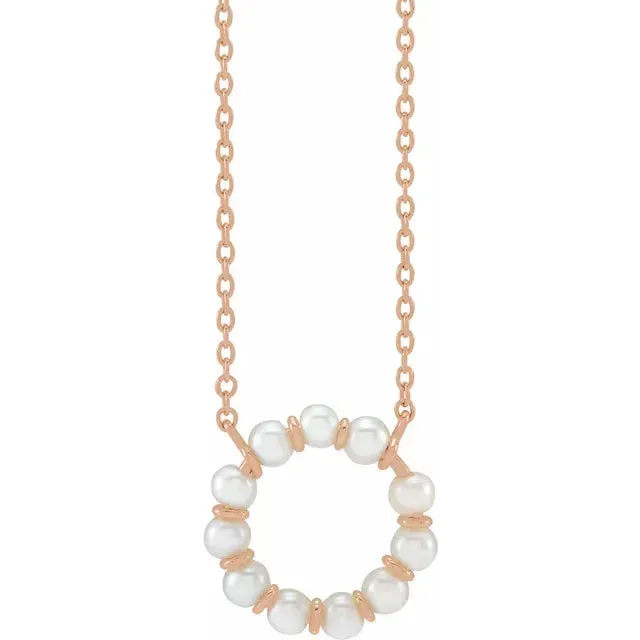 14K Rose Gold Cultured White Freshwater Pearl Circle 18" Necklace