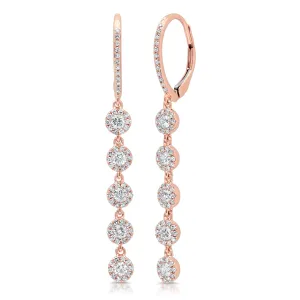 14K Rose Gold Diamond Hoop Earrings with Halo Diamond Dangles