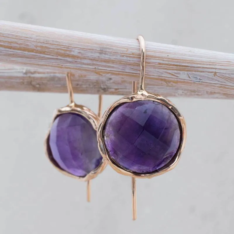 14K Rose Gold Round Purple Amethyst 12mm Dangle Earrings