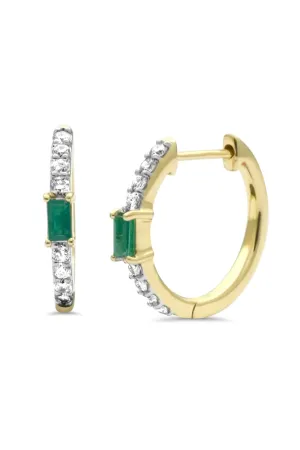 14K Solid Gold Natural Diamond and Emerald Hoop Straight Post One Touch Earring