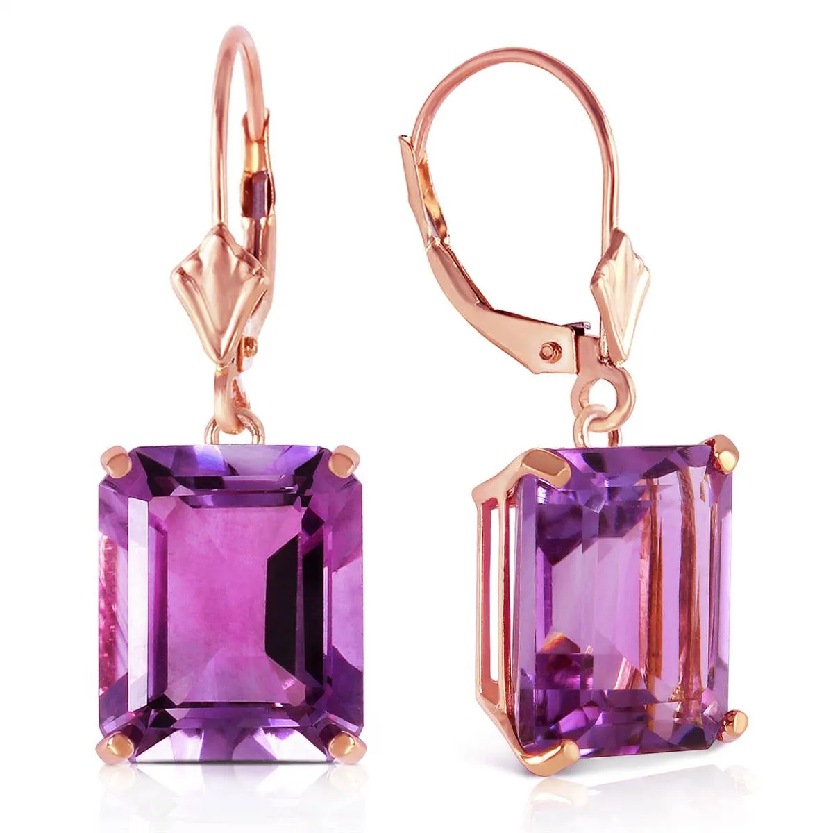 14K Solid Rose Gold Leverback Earrings w/ Amethyst