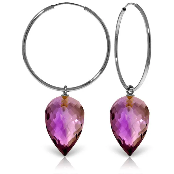 14K Solid White Gold Hoop Earrings w/ Pointy Briolette Drop Amethysts