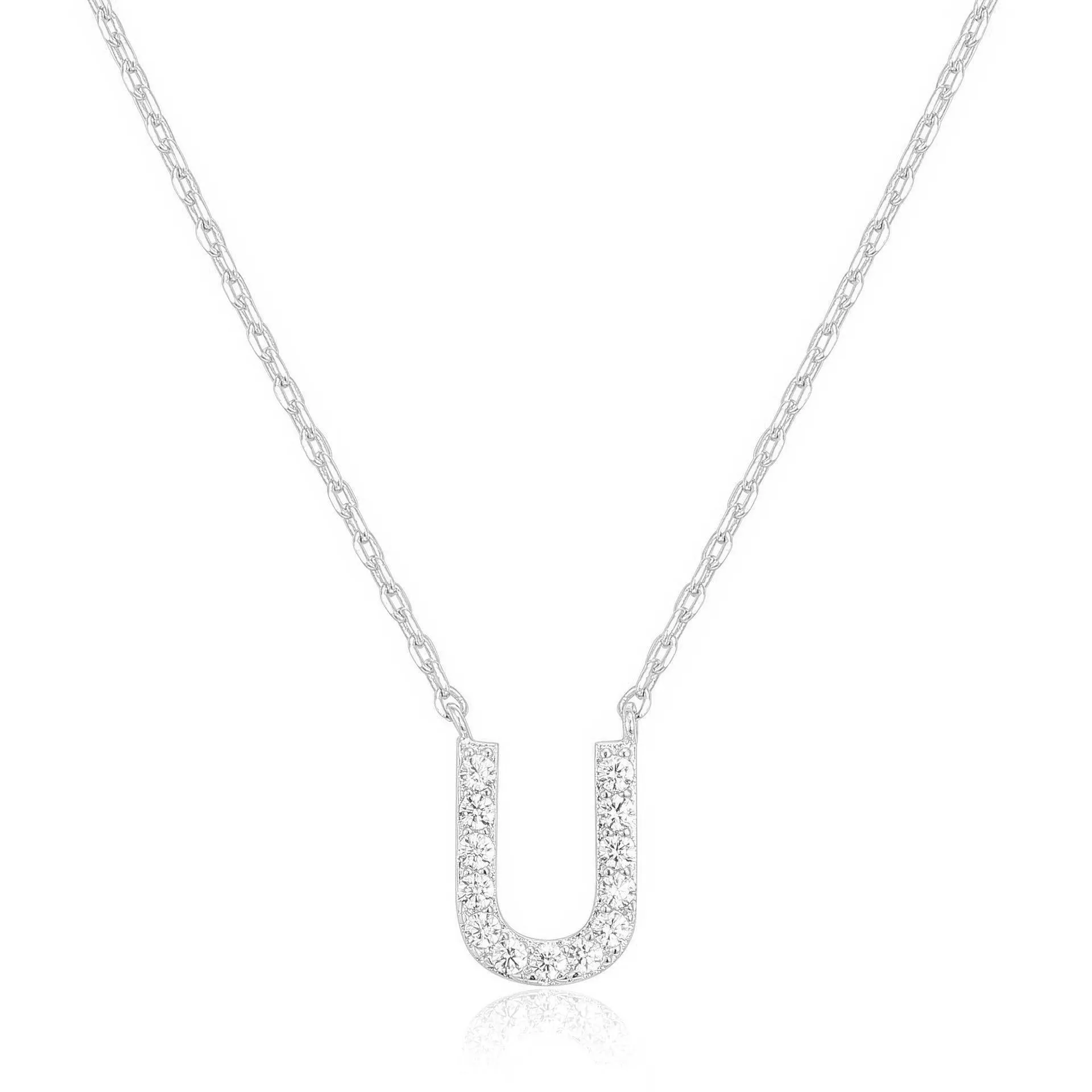 14k White Gold Created Diamond Initial U Letter Pendant Necklace Plated