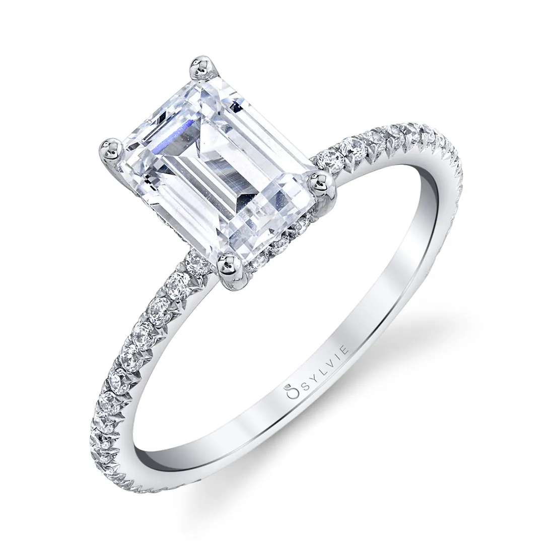 14K White Gold Emerald Cut Engagement Ring