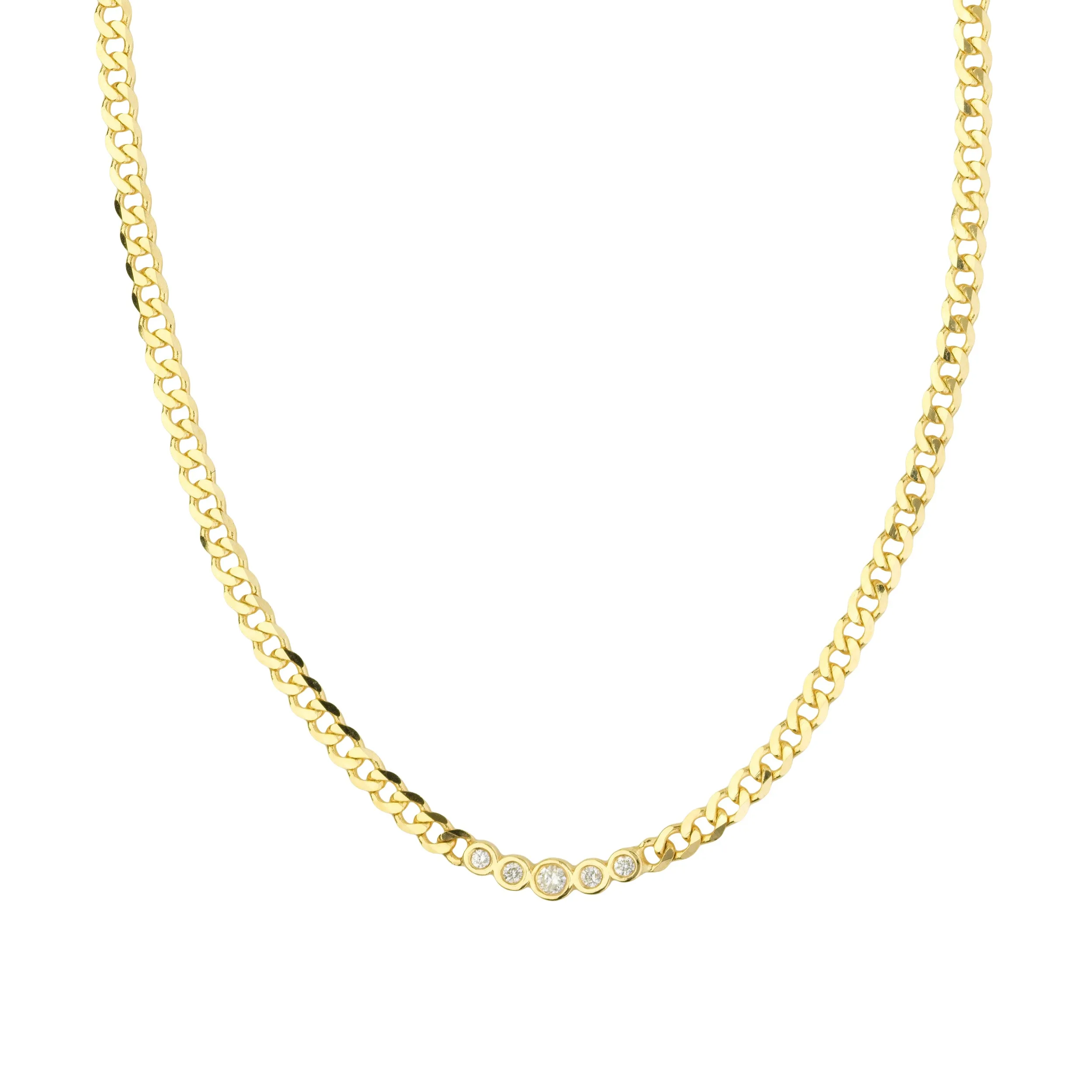 14K Yellow Gold Curved Diamond Bar Curb Link Necklace