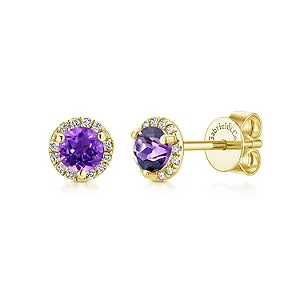 14K Yellow Gold Diamond   Amethyst Stud Earrings