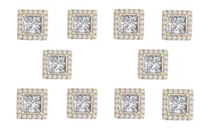 14k Yellow Gold Plated 6mm 2Ct Square Cut White Sapphire Set of Five Halo Stud Earrings