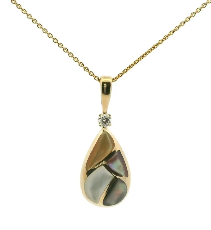 14K Yellow Muti-Colored Mother of Pearl and Natural Diamond 18 inch Necklace