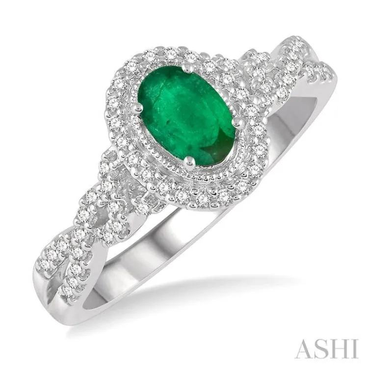 1/5 Ctw Oval Shape 6x4 MM Emerald & Round Cut Diamond Precious Ring in 10K White Gold