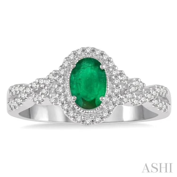 1/5 Ctw Oval Shape 6x4 MM Emerald & Round Cut Diamond Precious Ring in 10K White Gold