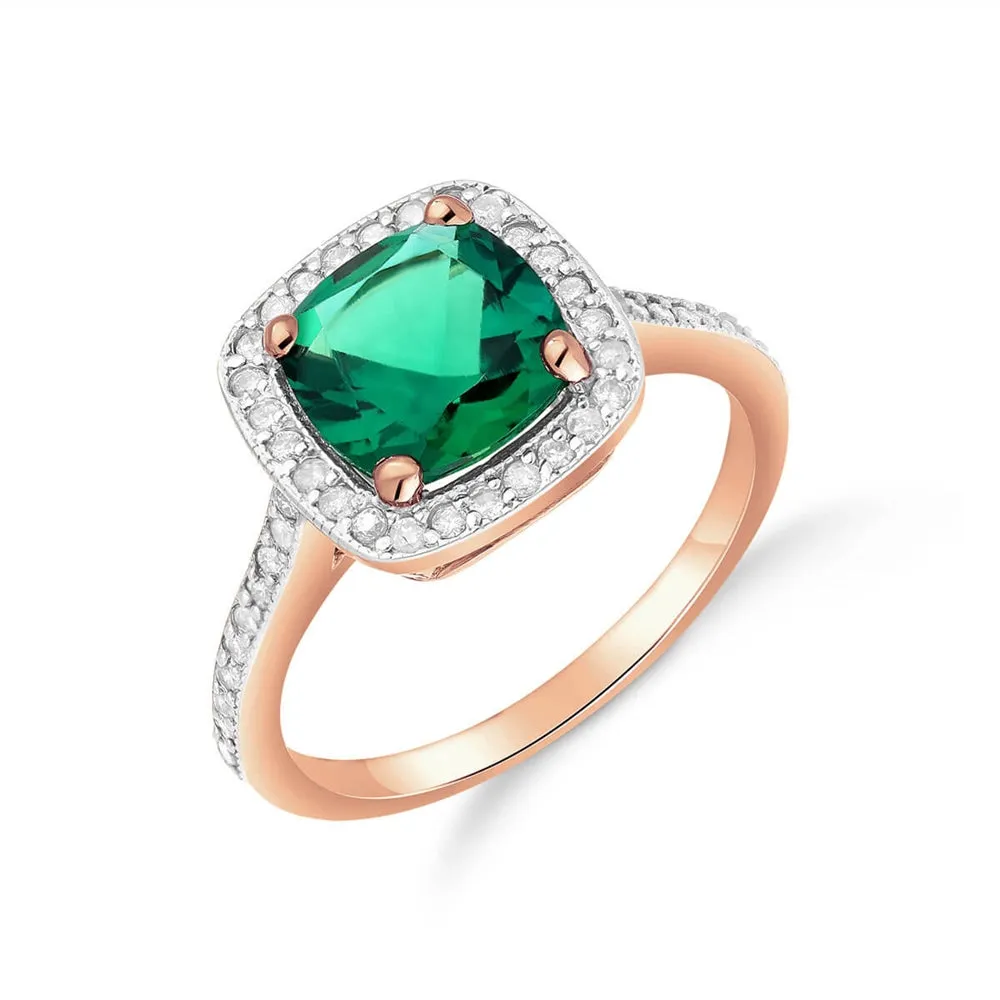 1.85 Carat Total Weight 14K Solid Rose Gold Emerald Natural Diamonds Halo Ring Brilliant Cushion Shape Cut and Round Diamonds Anniversary Engagement Promise Ring