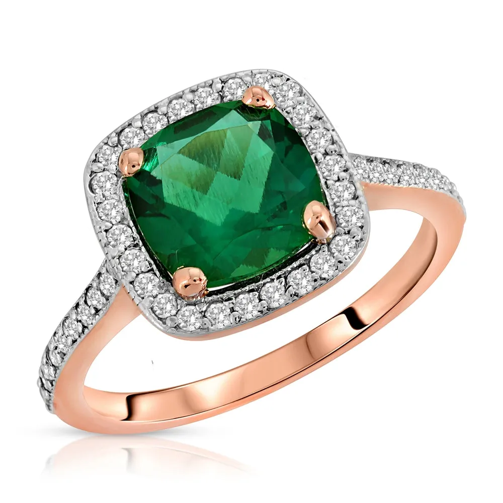 1.85 Carat Total Weight 14K Solid Rose Gold Emerald Natural Diamonds Halo Ring Brilliant Cushion Shape Cut and Round Diamonds Anniversary Engagement Promise Ring