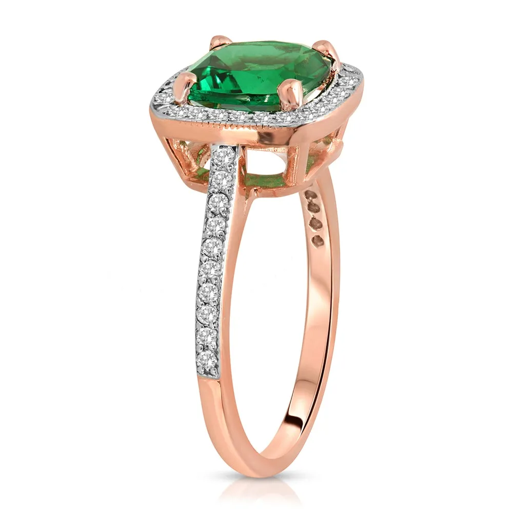 1.85 Carat Total Weight 14K Solid Rose Gold Emerald Natural Diamonds Halo Ring Brilliant Cushion Shape Cut and Round Diamonds Anniversary Engagement Promise Ring