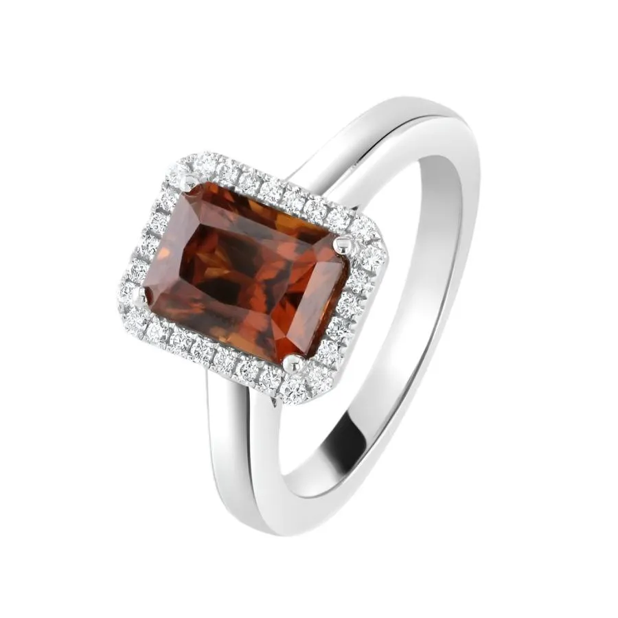 18ct White Gold Octangonal Cut Orange Zircon & Diamond Halo Cluster Ring