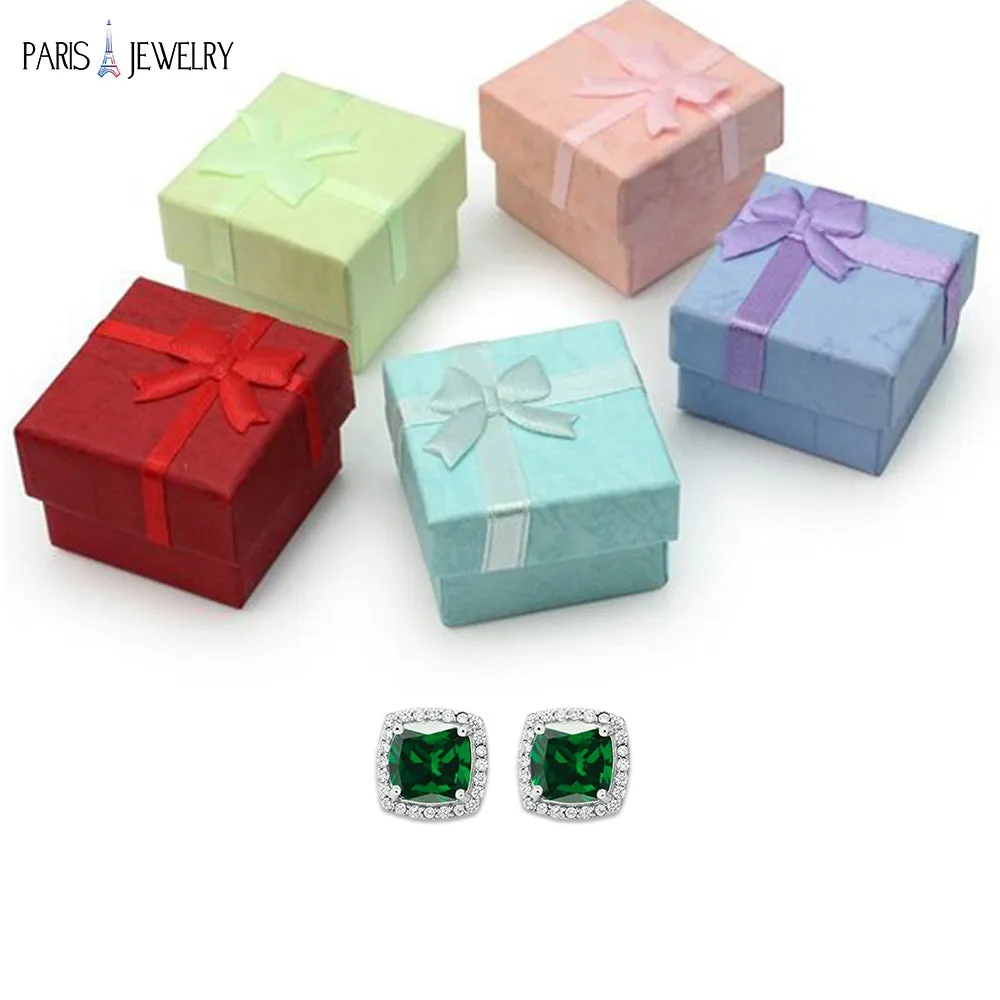 18k White Gold Plated 4 Ct Created Halo Princess Cut Emerald CZ Stud Earrings