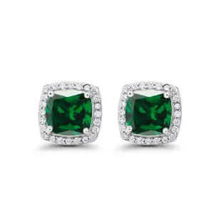 18k White Gold Plated 4 Ct Created Halo Princess Cut Emerald CZ Stud Earrings