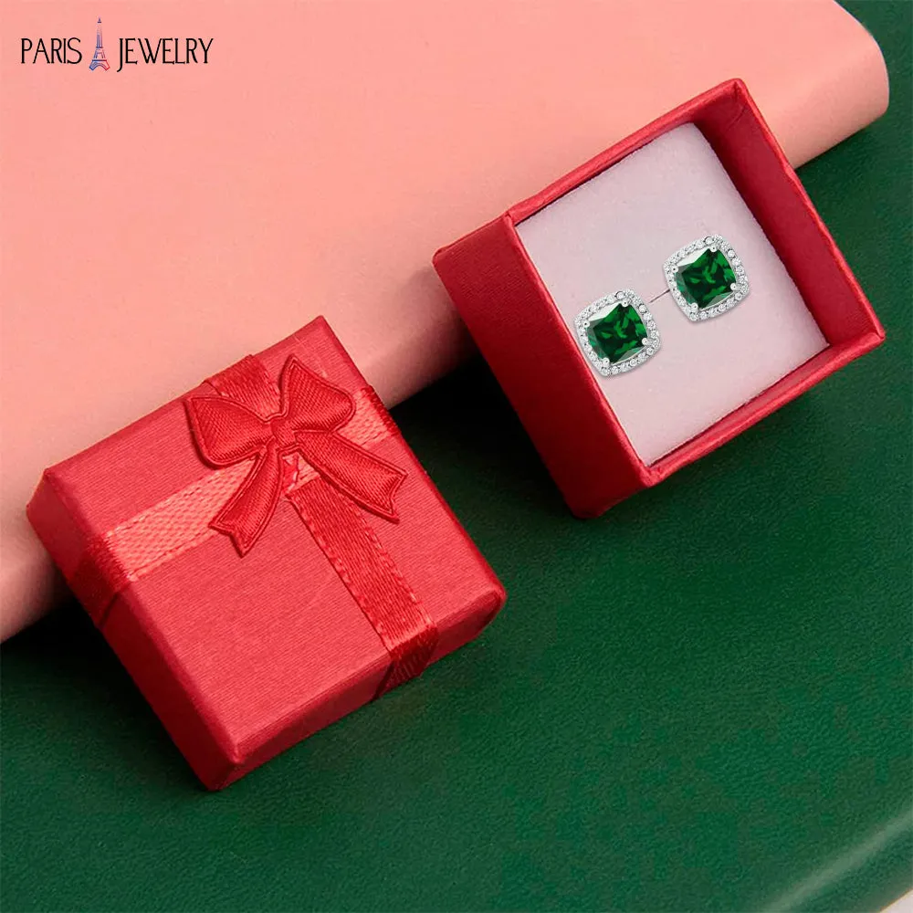 18k White Gold Plated 4 Ct Created Halo Princess Cut Emerald CZ Stud Earrings