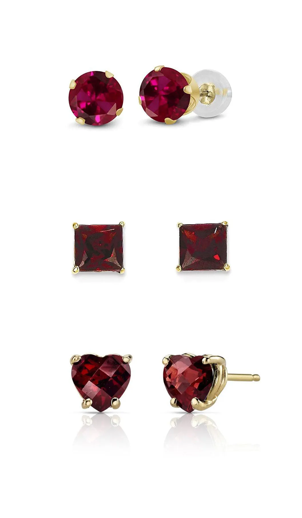 18k Yellow Gold Plated 1Cttw 7mm Created Garnet 3 Pair Round, Square and Heart Stud Earrings