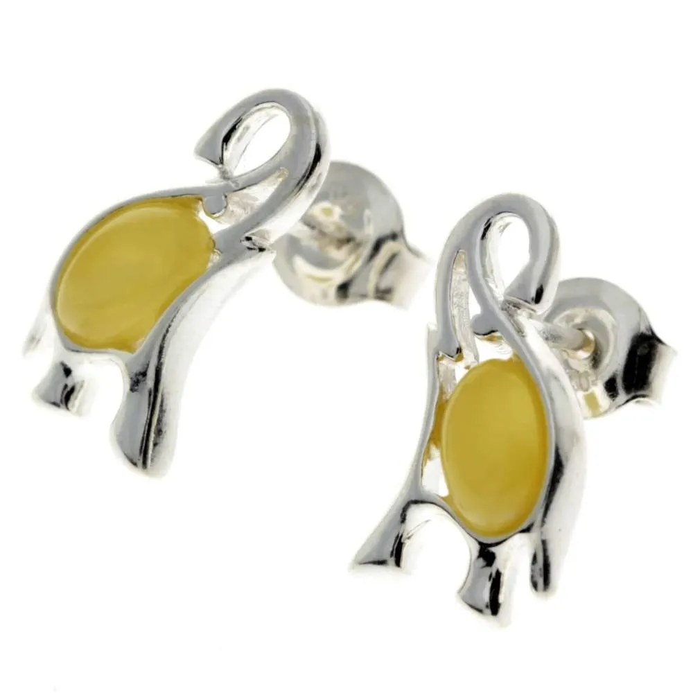 925 Sterling Silver & Baltic Amber Elephant Stud Earrings - GL176