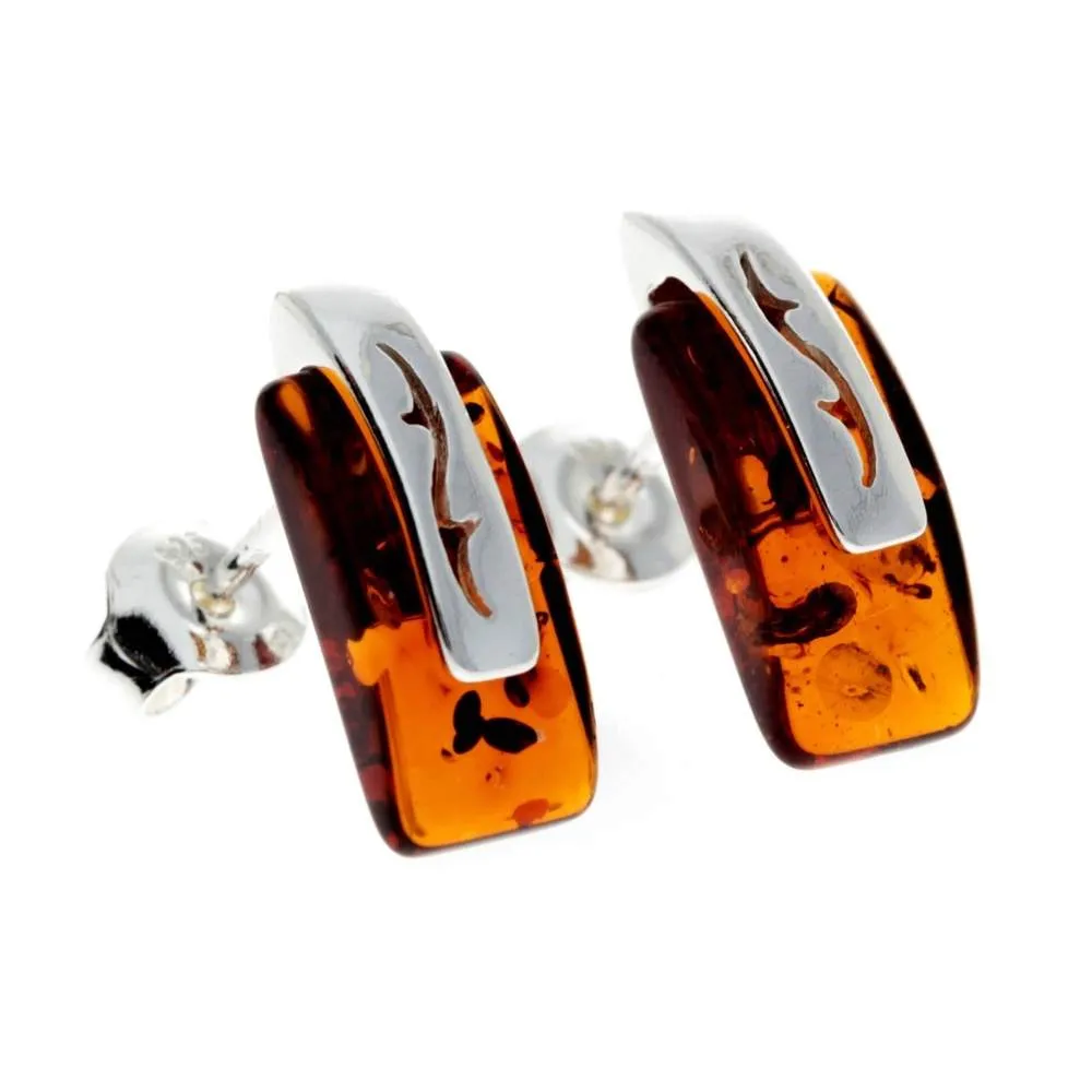 925 Sterling Silver & Baltic Amber Modern Studs Earrings - GL036