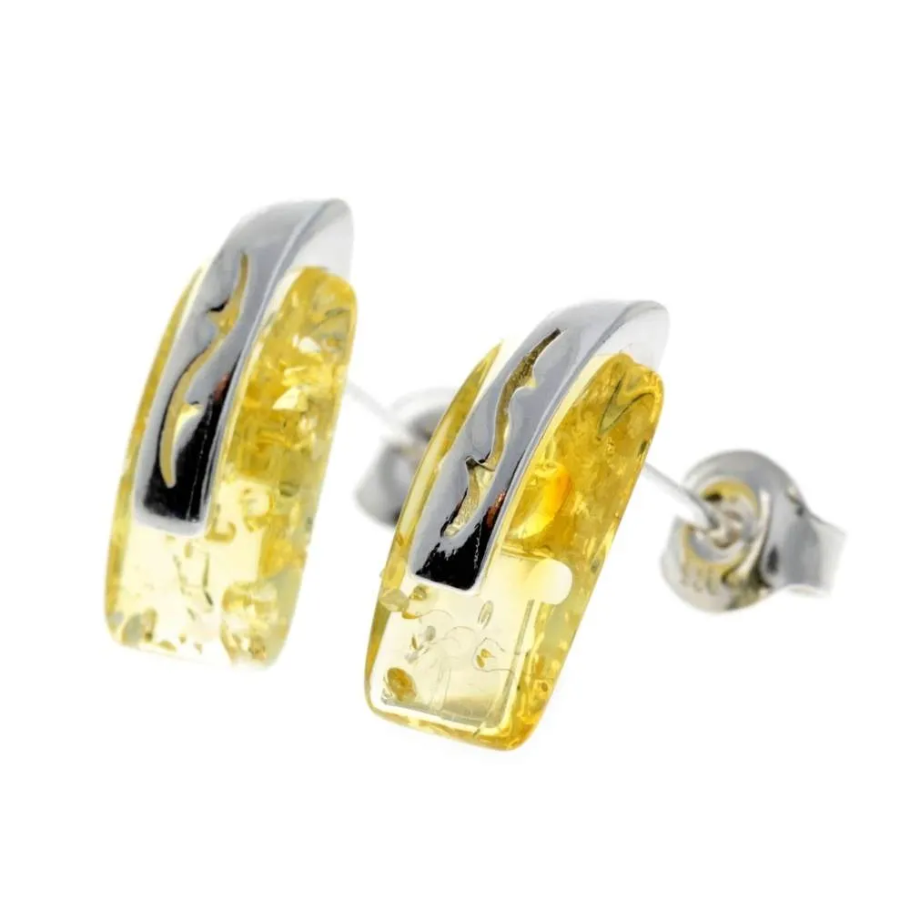 925 Sterling Silver & Baltic Amber Modern Studs Earrings - GL036