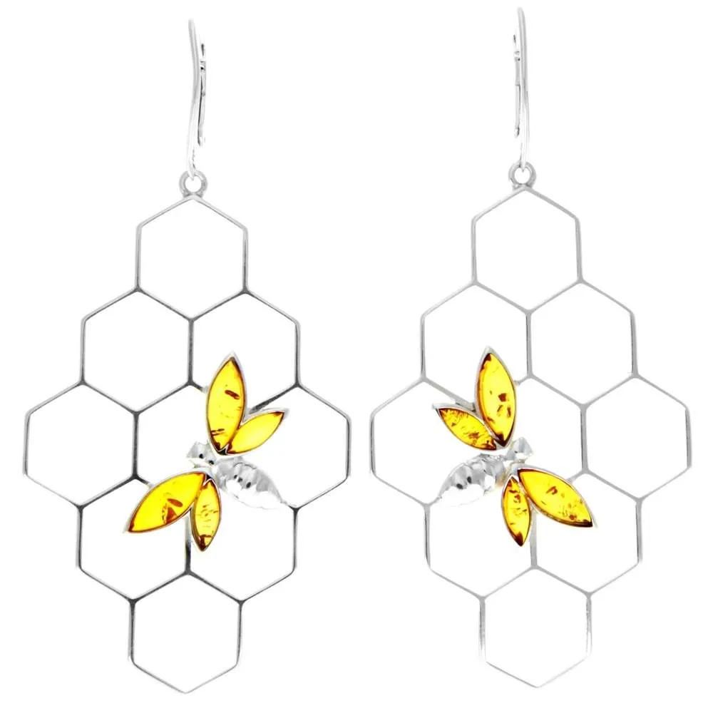 925 Sterling Silver & Genuine Baltic Amber Large Honey Bumble Bee Drop Earrings - AA029