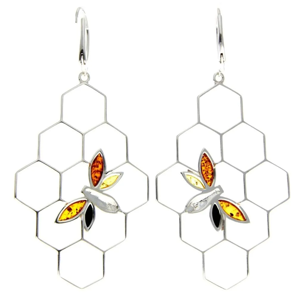 925 Sterling Silver & Genuine Baltic Amber Large Honey Bumble Bee Drop Earrings - AA029