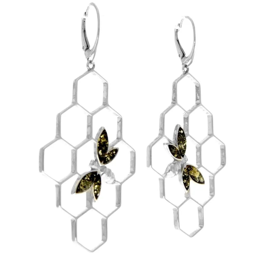 925 Sterling Silver & Genuine Baltic Amber Large Honey Bumble Bee Drop Earrings - AA029