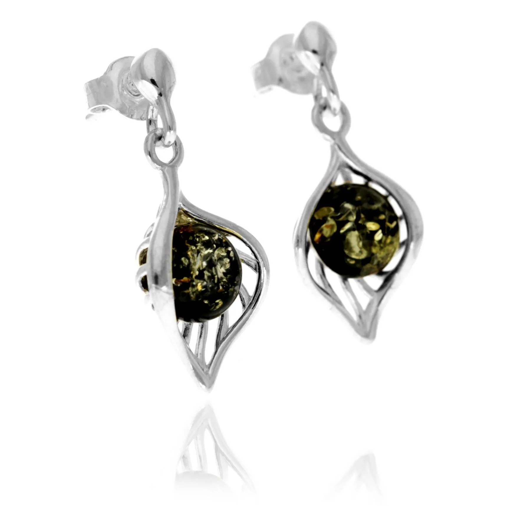 925 Sterling Silver & Genuine Baltic Amber Leaf Drop Studs Earrings - GL1050