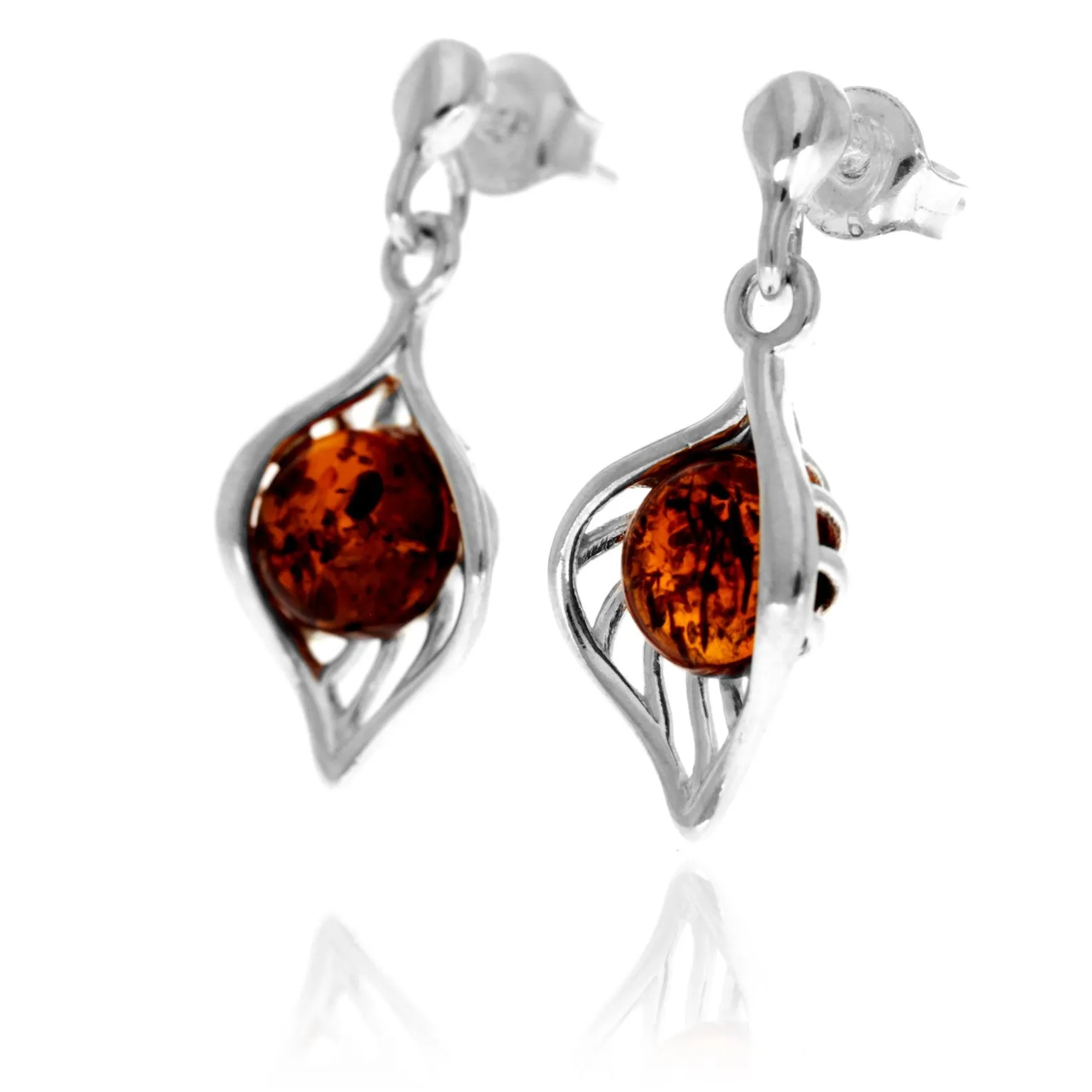 925 Sterling Silver & Genuine Baltic Amber Leaf Drop Studs Earrings - GL1050