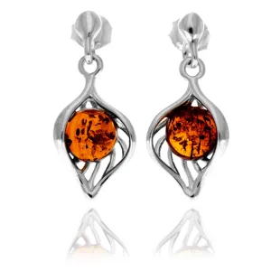 925 Sterling Silver & Genuine Baltic Amber Leaf Drop Studs Earrings - GL1050