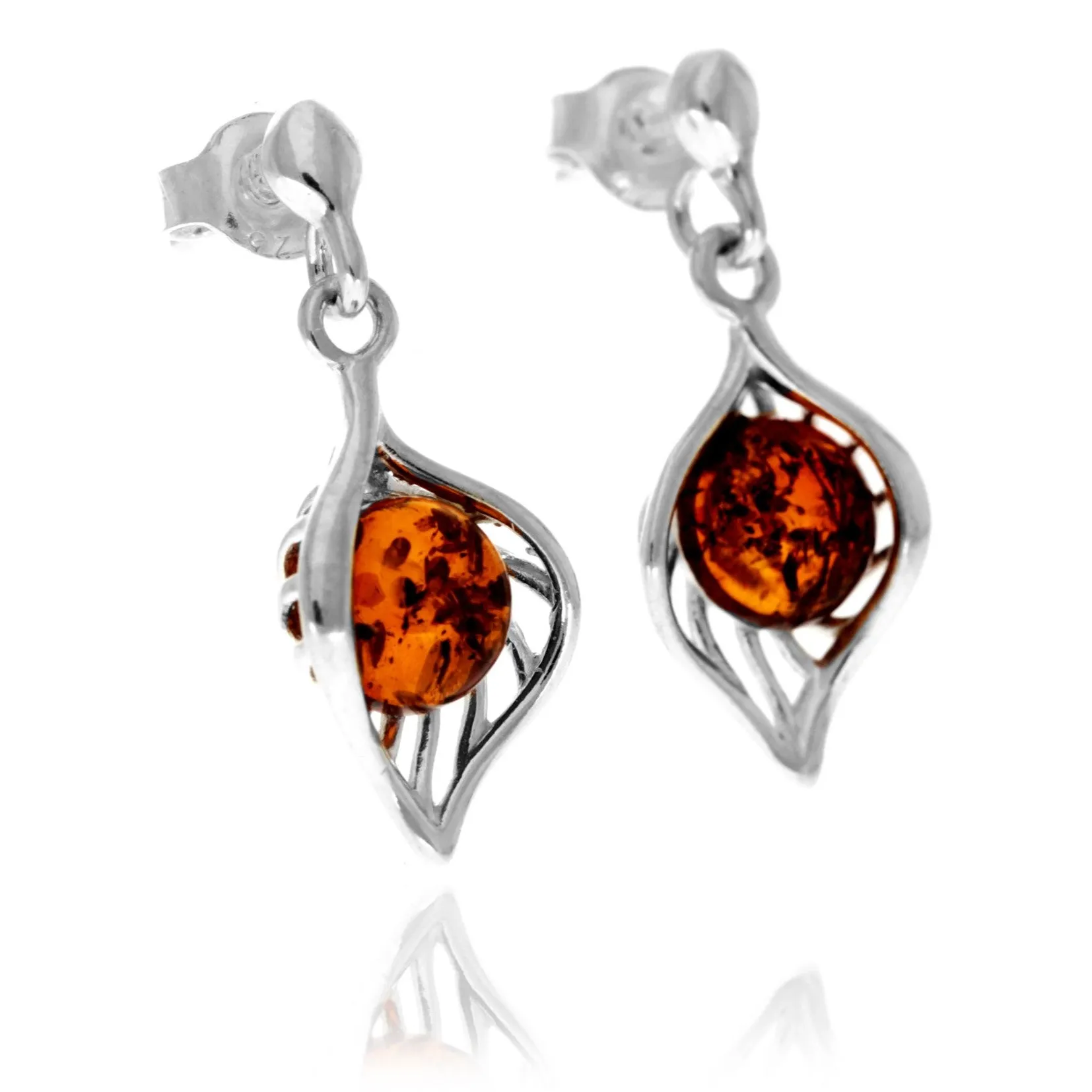 925 Sterling Silver & Genuine Baltic Amber Leaf Drop Studs Earrings - GL1050