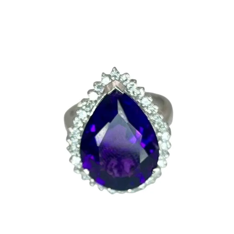 925 Sterling Silver Pear Teardrop Purple Amethyst Clear CZ Ring Size 3 Formal