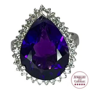 925 Sterling Silver Pear Teardrop Purple Amethyst Clear CZ Ring Size 3 Formal