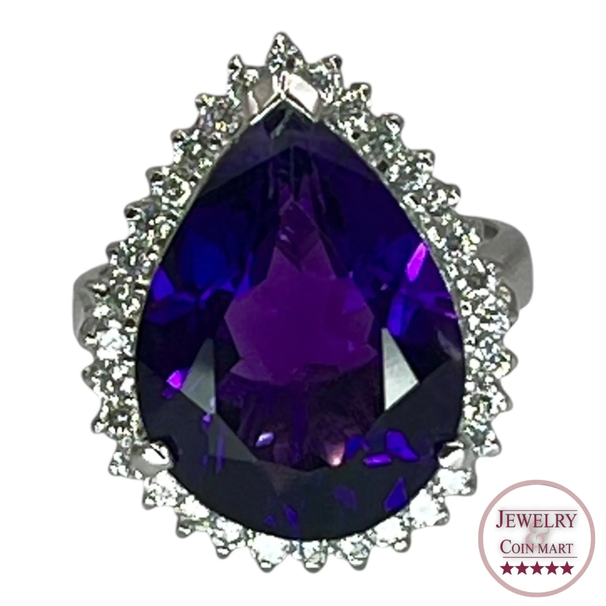 925 Sterling Silver Pear Teardrop Purple Amethyst Clear CZ Ring Size 3 Formal