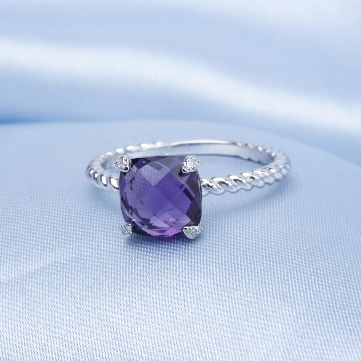 Amethyst & Diamond 14K White Gold Braided Ring