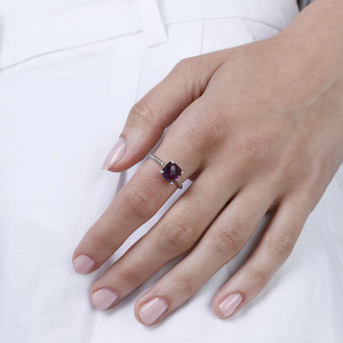 Amethyst & Diamond 14K White Gold Braided Ring