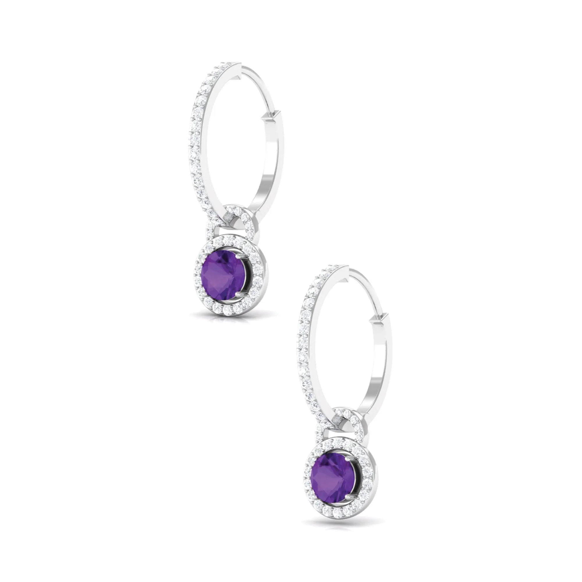 Amethyst Drop Hoop Earrings with Moissanite Halo