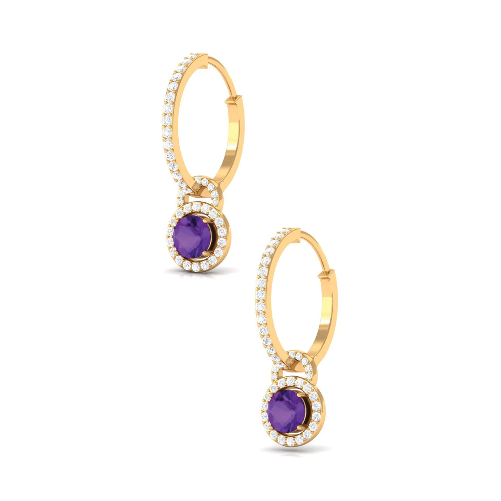 Amethyst Drop Hoop Earrings with Moissanite Halo