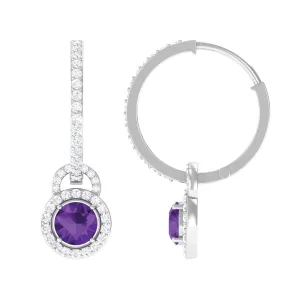 Amethyst Drop Hoop Earrings with Moissanite Halo