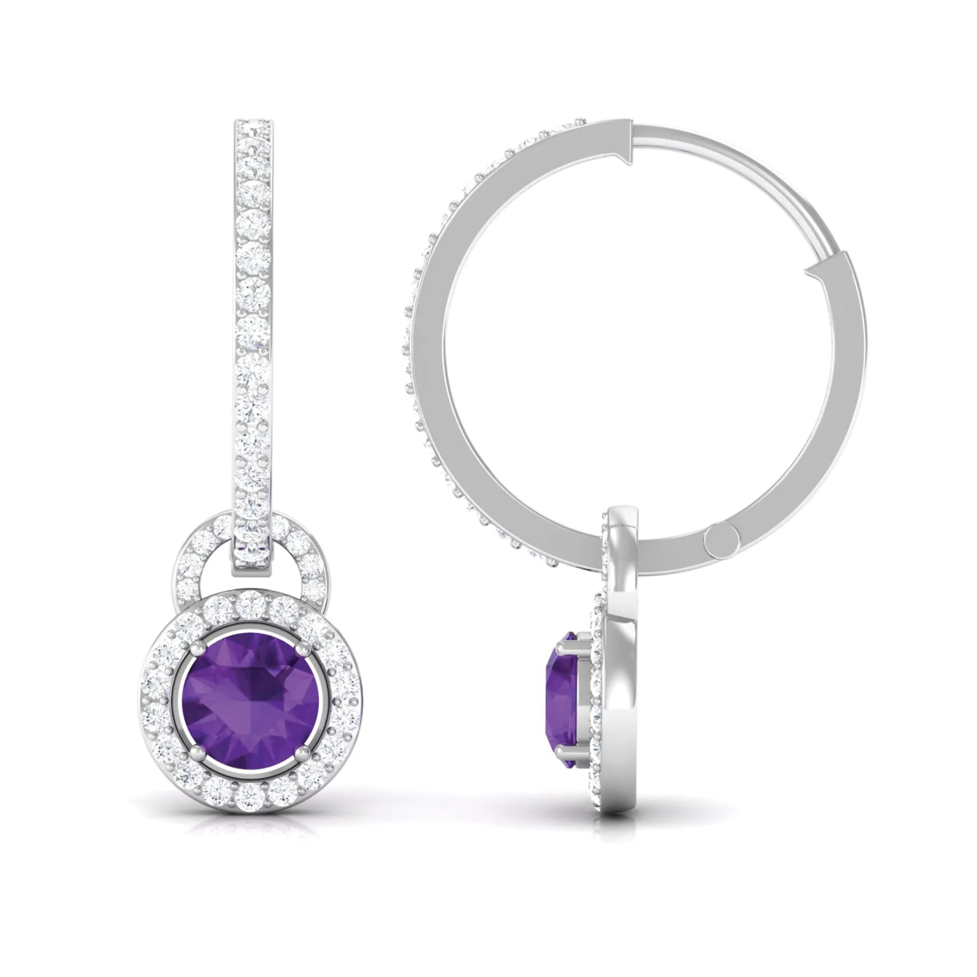 Amethyst Drop Hoop Earrings with Moissanite Halo