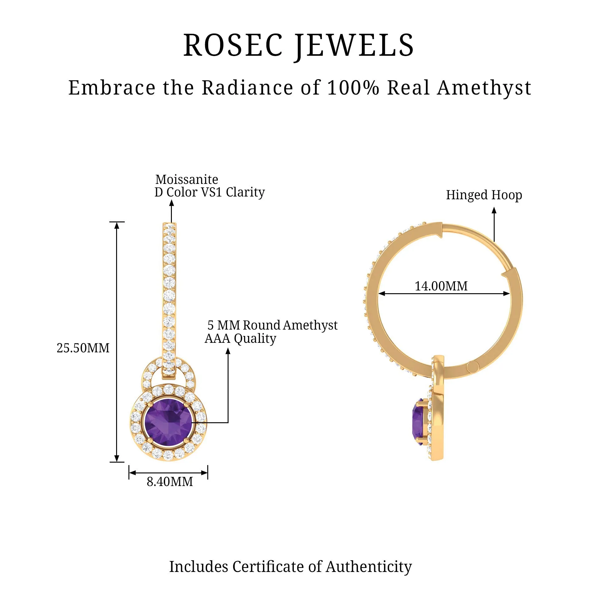 Amethyst Drop Hoop Earrings with Moissanite Halo