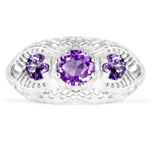 AMETHYST STERLING SILVER VINTAGE STYLE RING 3 STONE ART DECO FILIGREE PURPLE